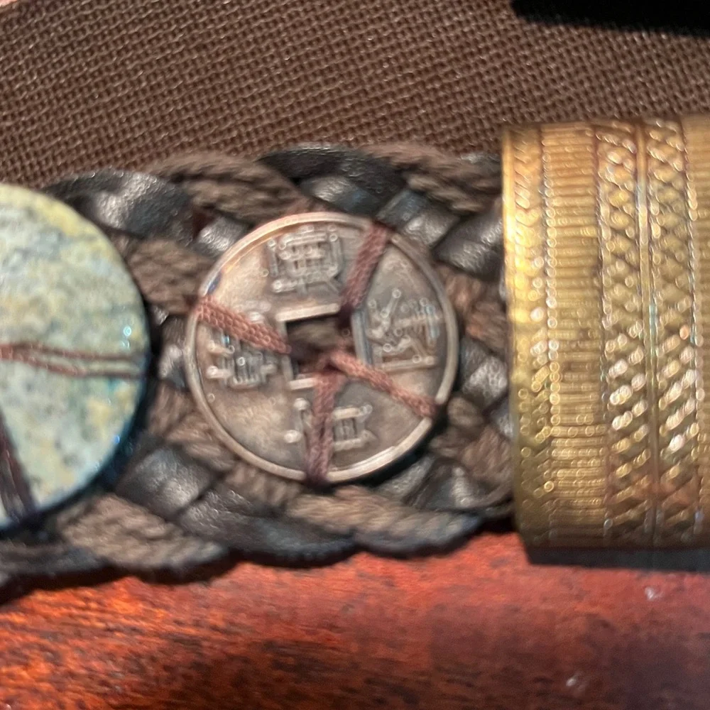 26” art crafted belt and buckle with brown, copper, turquoise colors